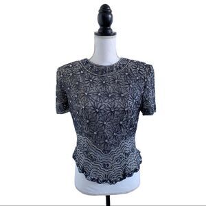 Vintage Papéll Boutique Metallic Beaded Floral Silk Evening Top Gray Medium